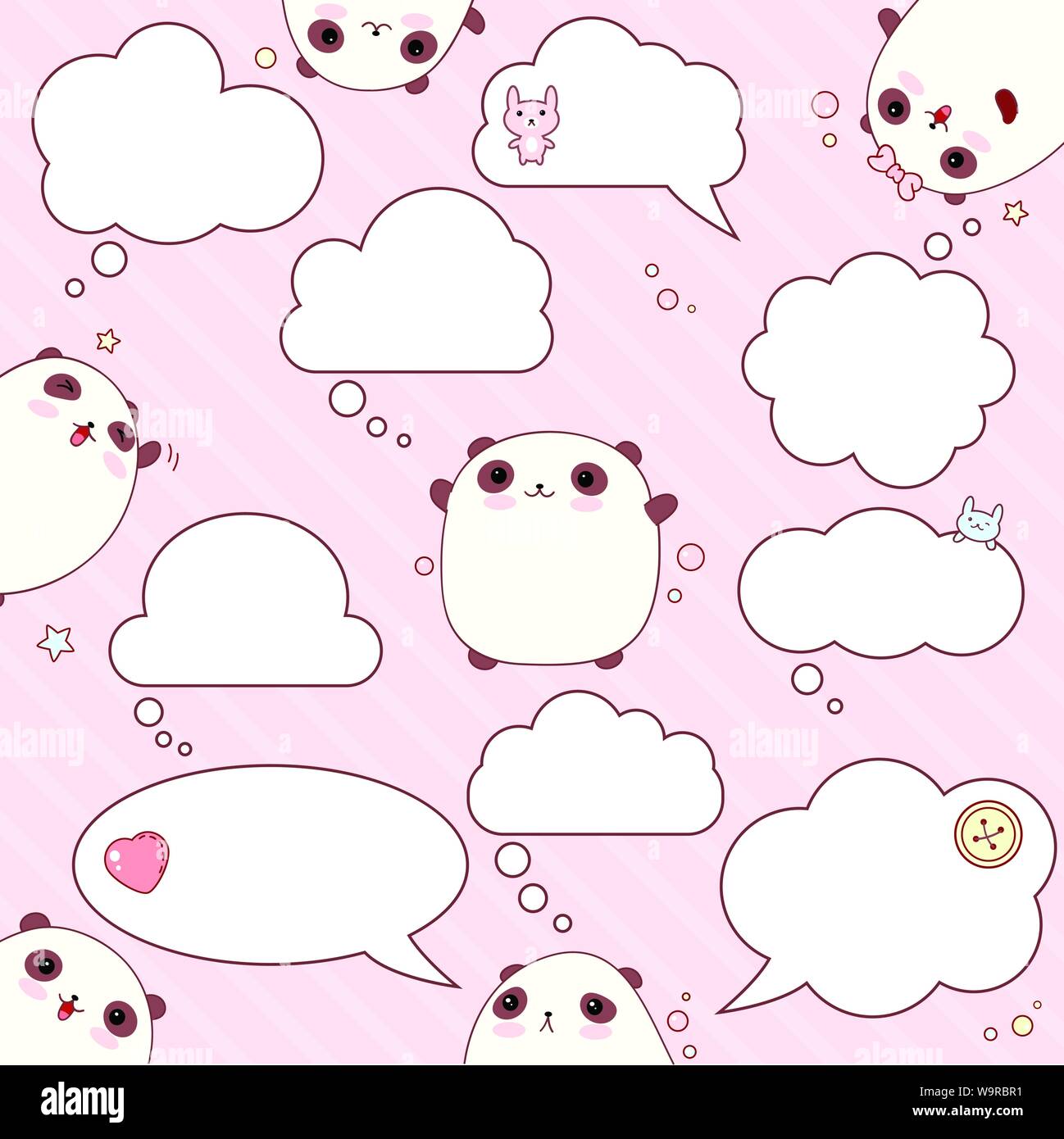 Collection de bande dessinée vector Speech bubbles et mignon pandas dans style kawaii Illustration de Vecteur