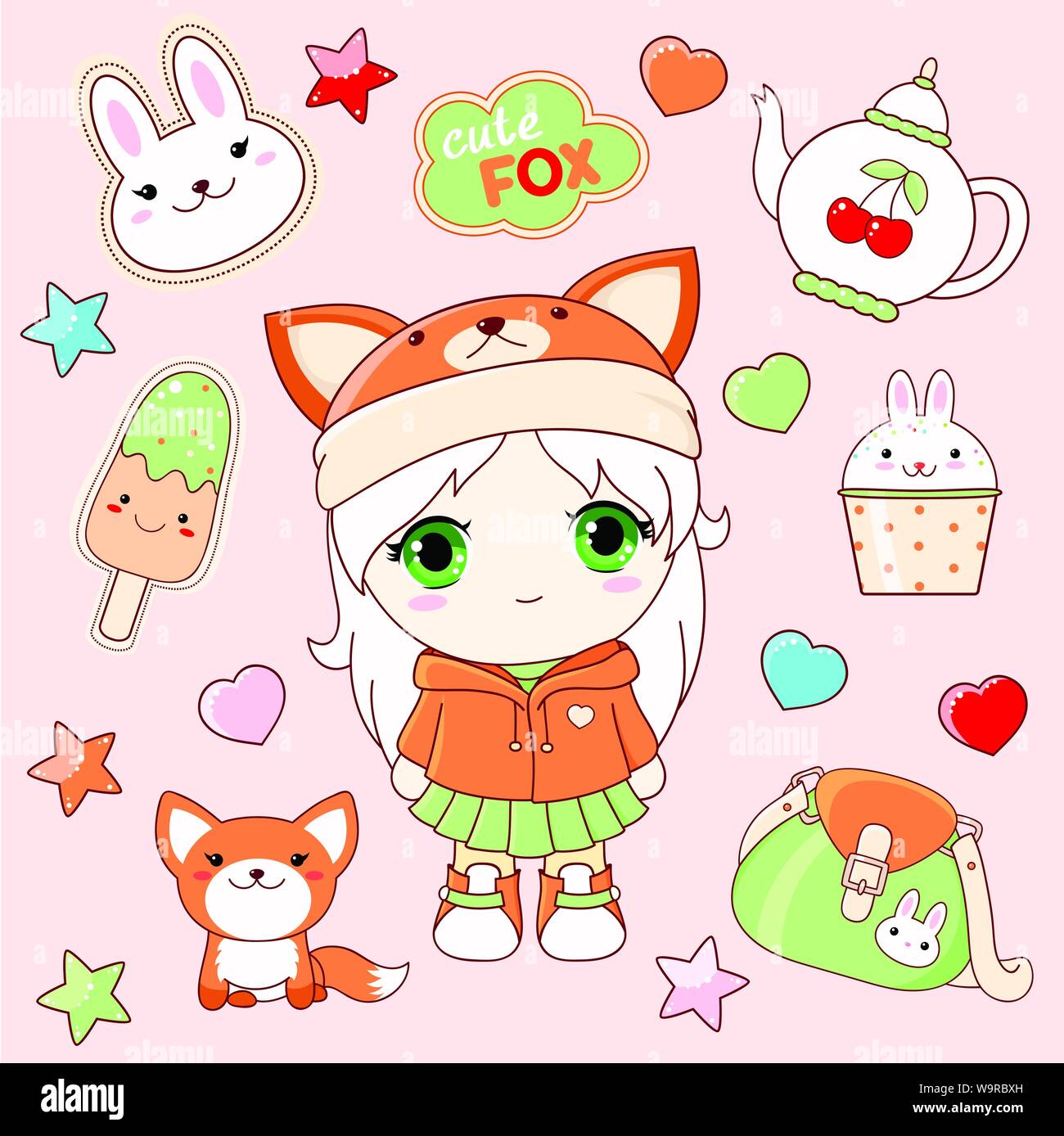 Ensemble d'icônes de style kawaii cute. Petite fille dans un hoody vert, jupe et chapeau avec fox, face à face et autocollant lapin inscription cute fox, la glace c Illustration de Vecteur