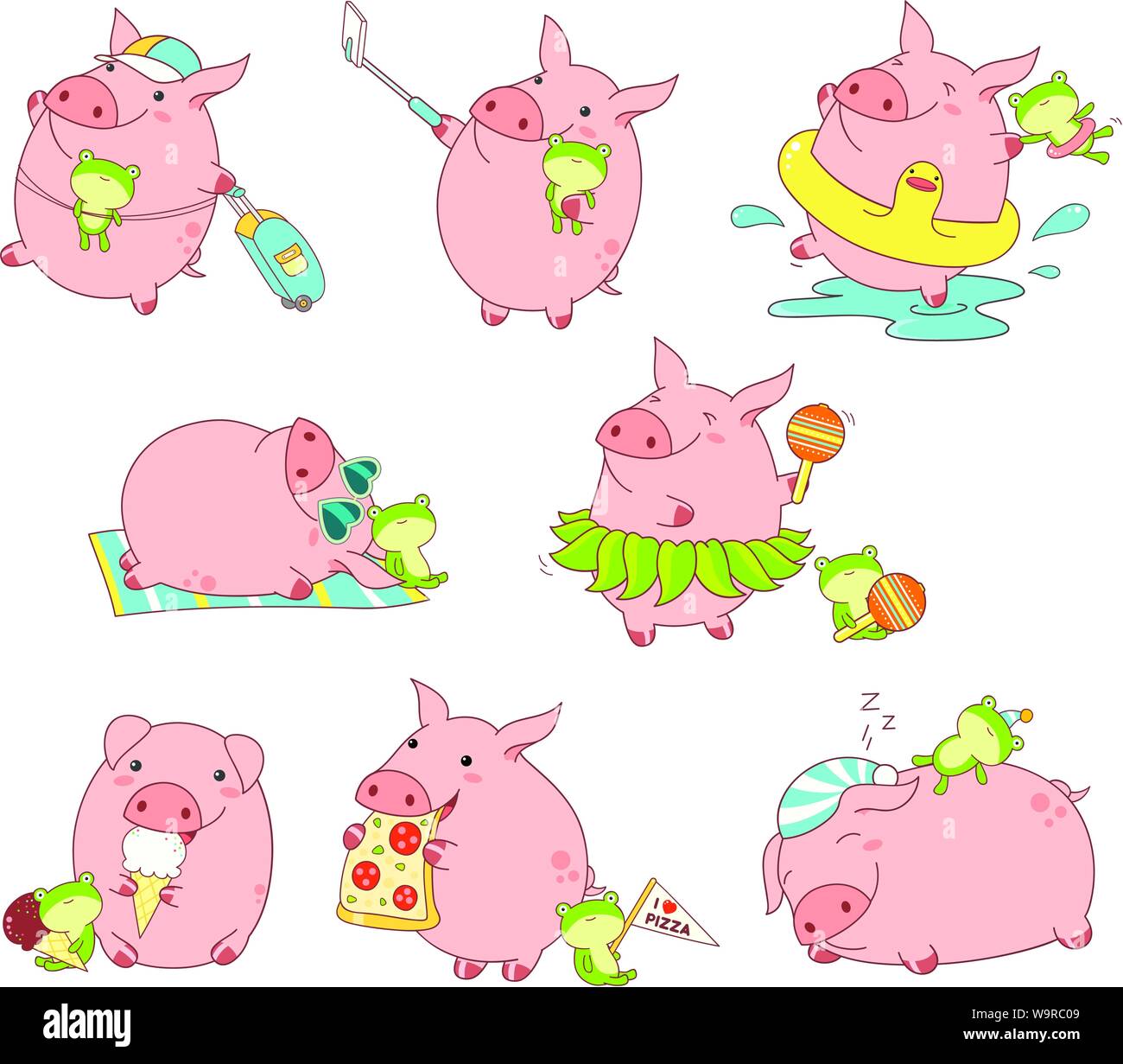 Jeu de cute funny pigs avec ses jouets préférés dans le style kawaii. Décisions, selfies repose sur la plage, 6 personnes, avec une assurance, mange des pizzas et de la crème glacée, des danses dans Illustration de Vecteur