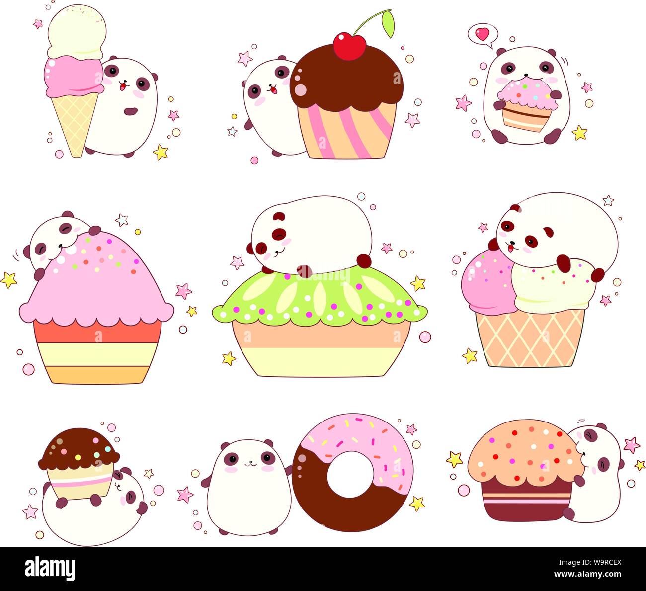 Collection de pandas mignon à la vanille et glace à la fraise en cônes alvéolés, cupcakes avec de la crème et de Berry. Dans le style kawaii avec des visages souriants, pi Illustration de Vecteur