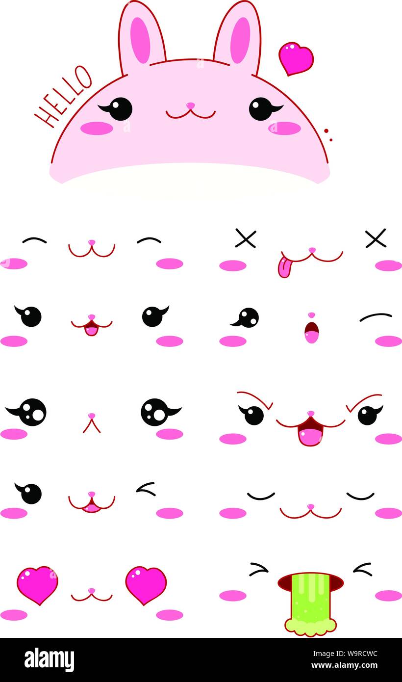 Lapin mignon drôle définir diverses émotions. Style Kawaii émoticone avec joues roses et des clins d'yeux. Spe8 Illustration de Vecteur
