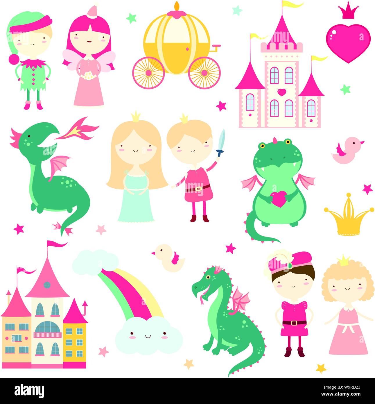 Vector set de mignons petits personnages de contes de fées - prince, princesse, elfe, dragon, fée, coach, château. Dans des couleurs pastel. Spe8 Illustration de Vecteur