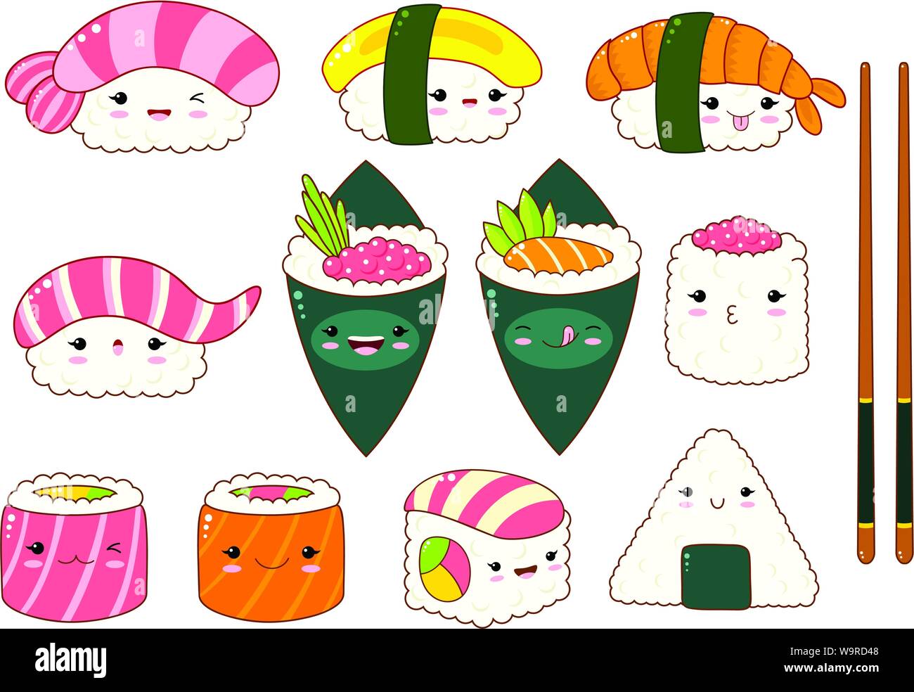 Ensemble de rouleaux de sushi et mignon des icônes dans le style kawaii avec sourire et joues roses. La cuisine traditionnelle japonaise. Temaki, baguettes, nigiri, Illustration de Vecteur