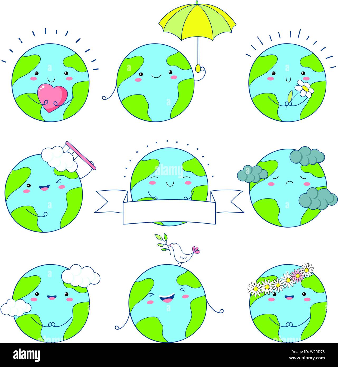 Ensemble d'icônes de la Terre cute kawaii style avec sourire et joues roses. Planètes avec fleur, coeur, parapluie. Spe8 Illustration de Vecteur