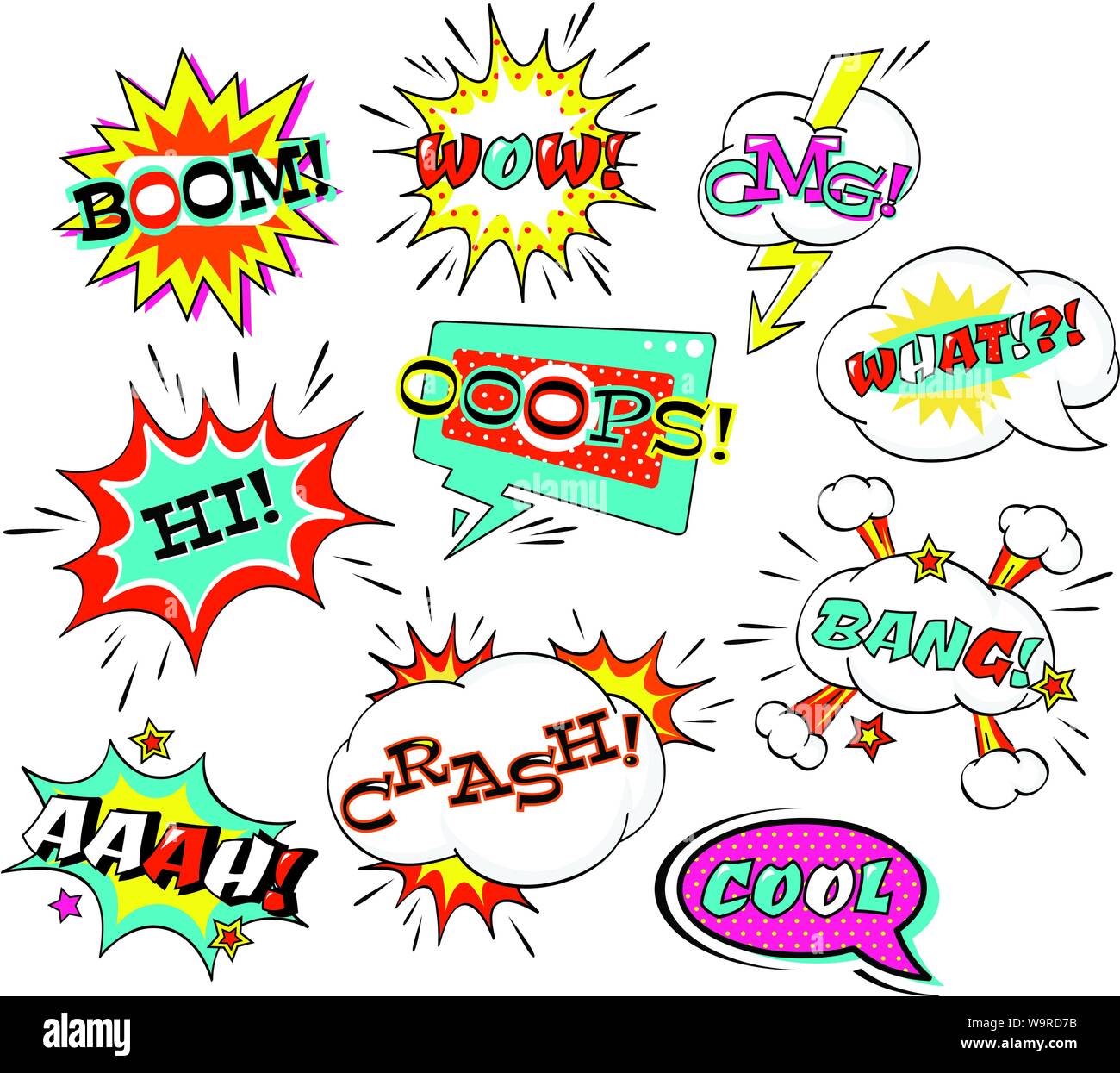 Série de bande dessinée bulle avec l'inscription : boom, wow, quoi, bang, OMG, aah, flèche, crash, hi, cool. Collection de dessins vectoriels et de nuages d'explosions Illustration de Vecteur
