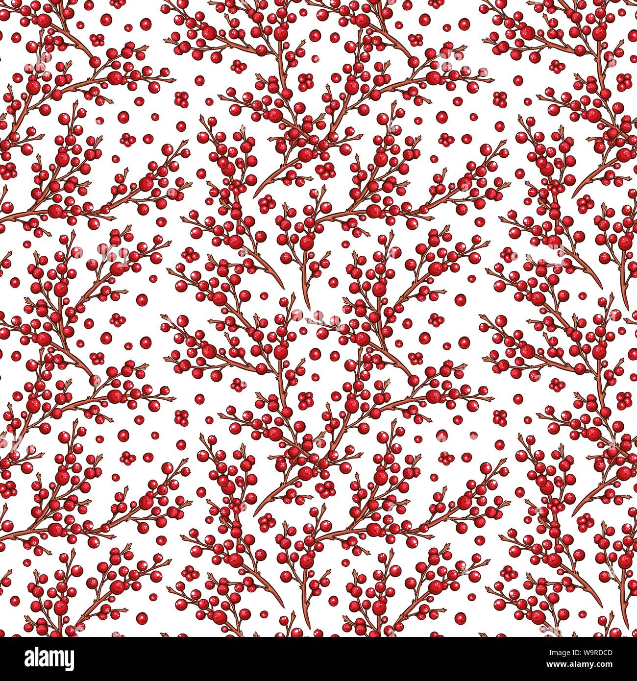 Européenne rouge houx (Ilex) Petits fruits modèle vectoriel continu. Scrapbooking Noël ou toile de conception avec des branches de fleurs. Vinter handdrawn illustration marqueur Illustration de Vecteur