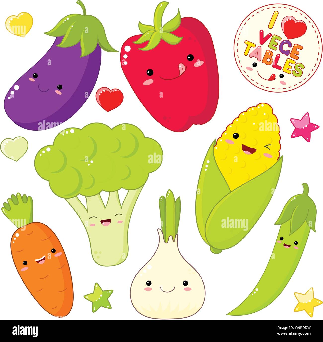 Ensemble d'icônes de légumes cute kawaii style avec sourire et joues roses. Autocollant avec l'inscription J'adore les légumes. L'oignon, carotte, poivron, eggp Illustration de Vecteur