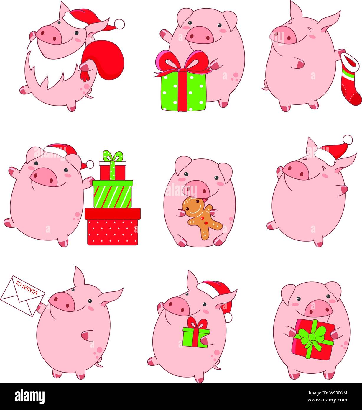 Ensemble de style kawaii cute dans les porcs. Les cadeaux, le Père Noël en costume, avec la lettre, chaussette, manger des cookies au gingembre, dans Red Hat. Spe8 Illustration de Vecteur