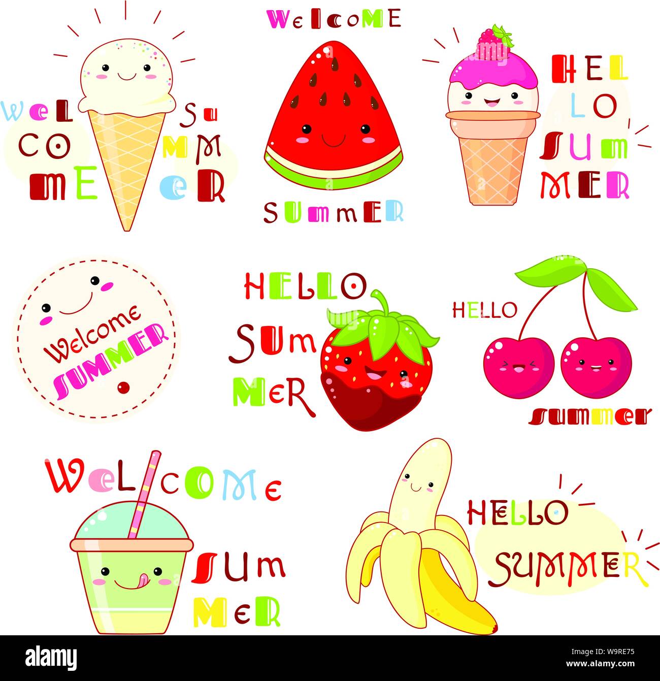 Bonjour l'été. Ensemble d'icônes d'été avec des fruits, des glaces et des inscriptions. Autocollant et la collecte d'étiquettes de scrapbooking. Modèle vectoriel fo Illustration de Vecteur