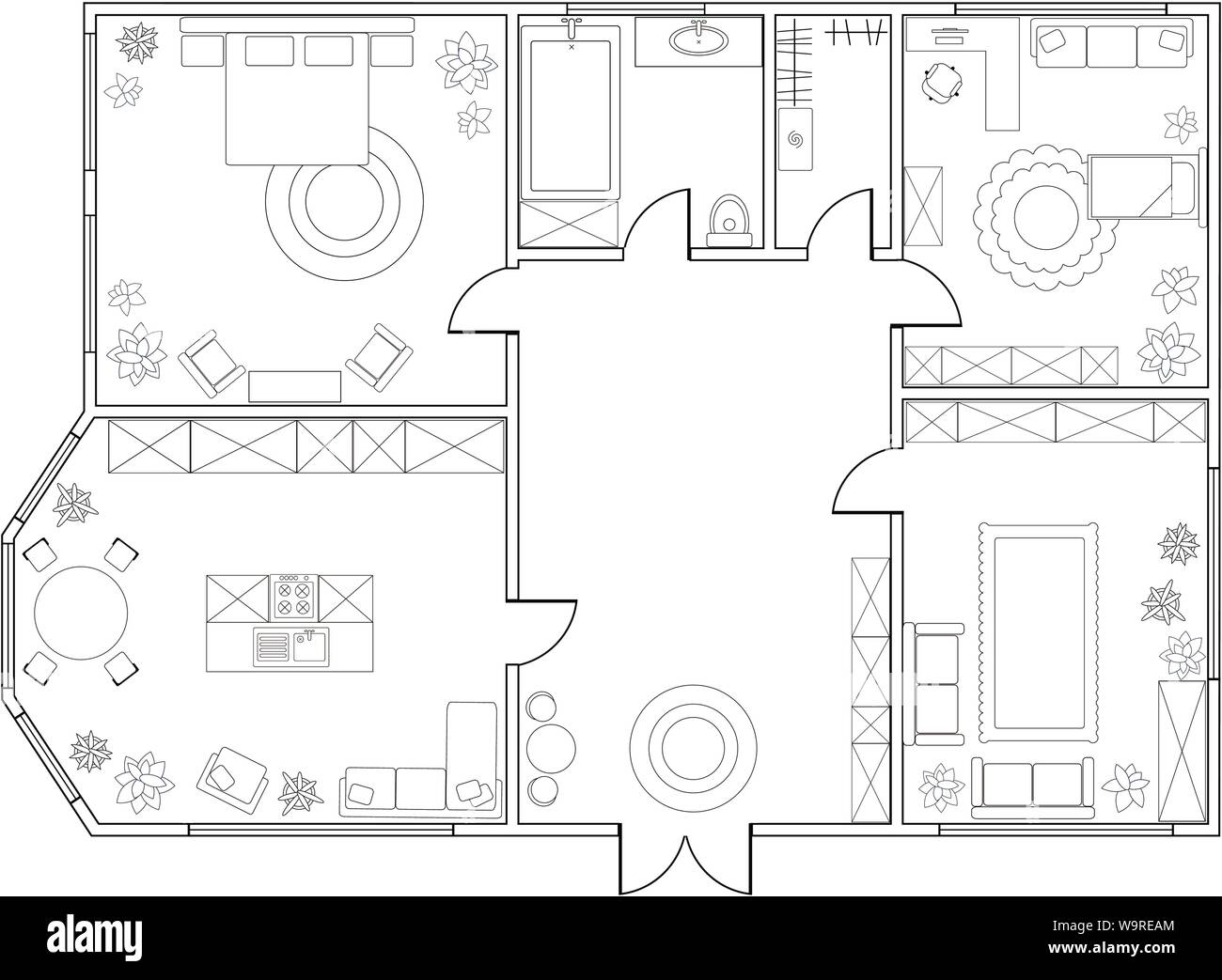 Abstract vector plan d'appartement de deux chambres à coucher, avec cuisine, salle de bains, chambre à coucher, salon, salle à manger, bibliothèque. Spe8 Illustration de Vecteur