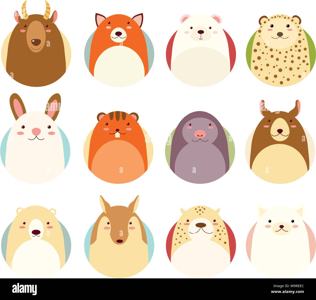 Ensemble d'avatars icônes de style naïf à la main avec des animaux dans des couleurs pastel. Spe8 Illustration de Vecteur