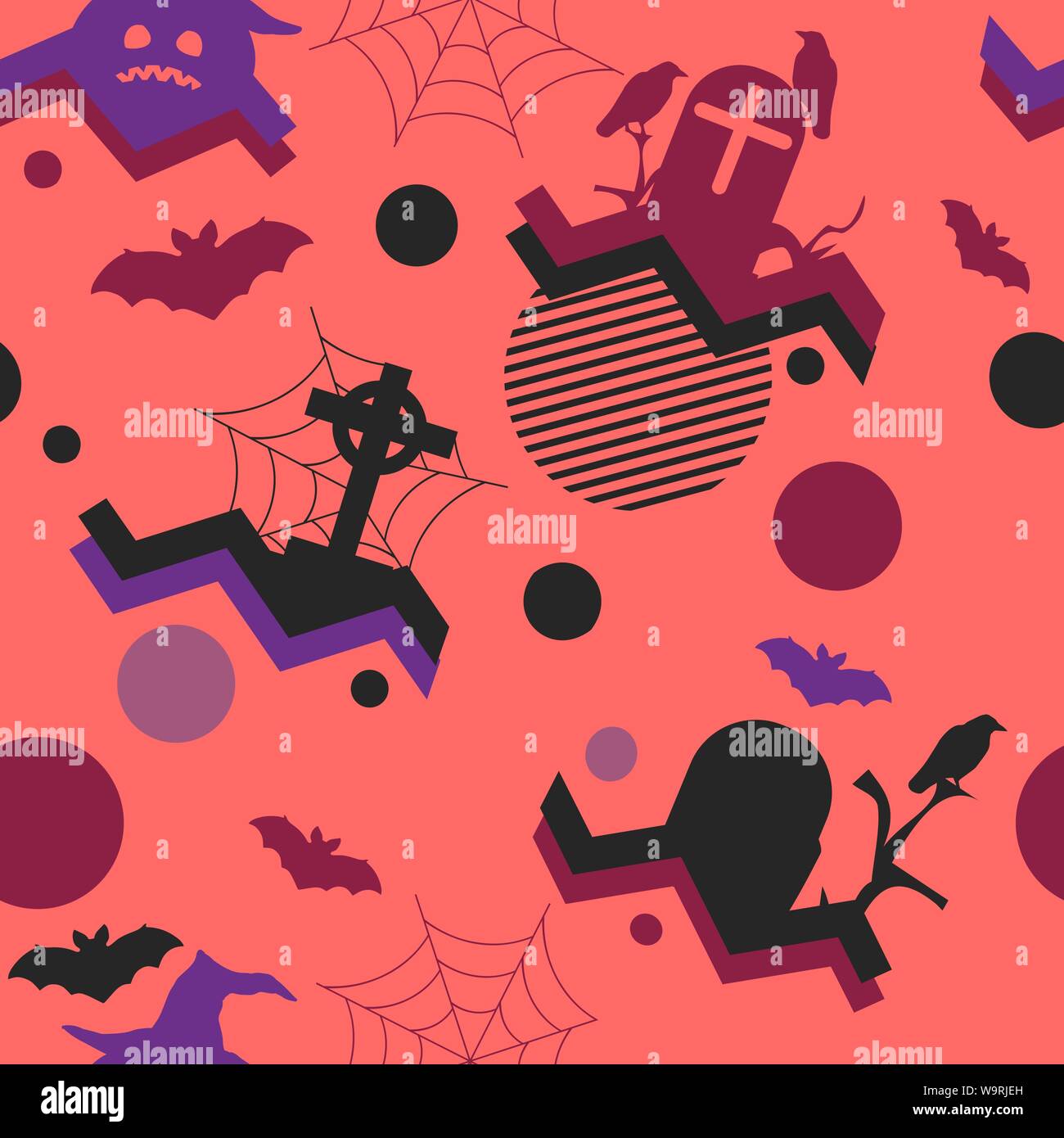 Modèle logique de l'Halloween à Memphis style, formes géométriques. Citrouilles effrayantes, pierres tombales, les chauves-souris et des corneilles. Vector illustration Illustration de Vecteur