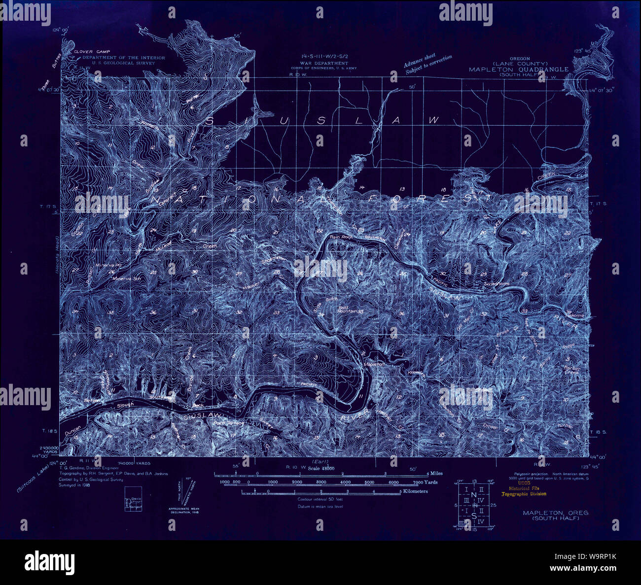 Carte de l'USGS Topo Oregon Mapleton 2821971918 48000 Restauration inversé Banque D'Images