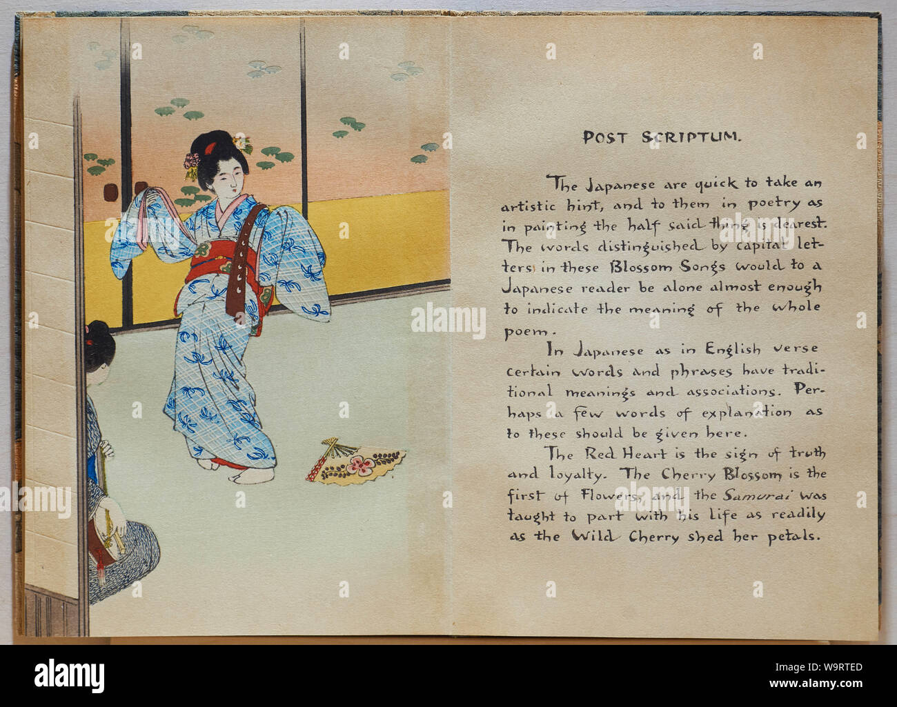 Post scriptum et danse geisha estampe japonaise en épée imprimé Fleurs et poèmes livre publié par Hasegawa au début des années 1900 (20e siècle). Banque D'Images