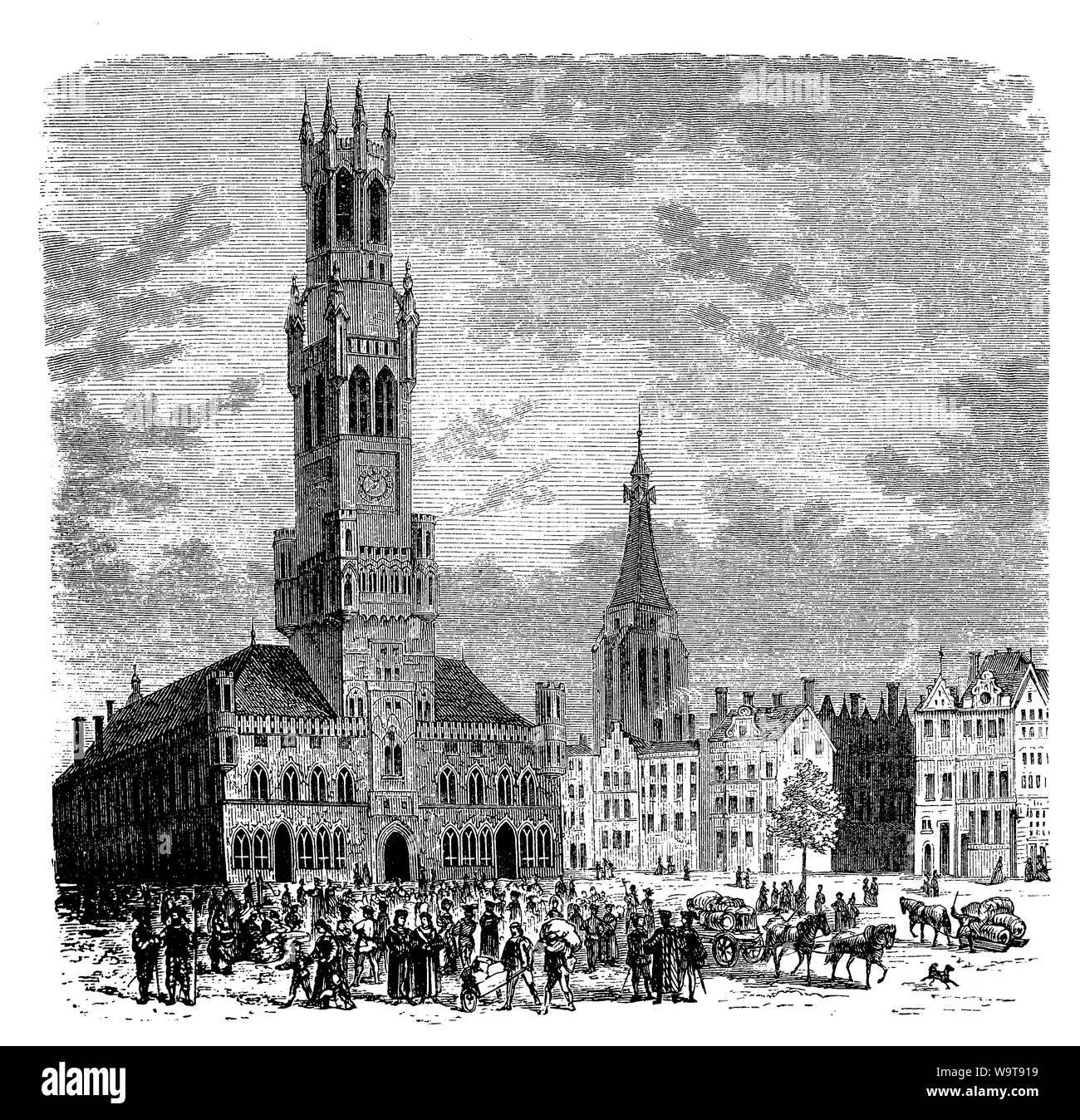 Le beffroi de Bruges dans la place du marché, à l'époque médiévale la bourse de Bruges Banque D'Images
