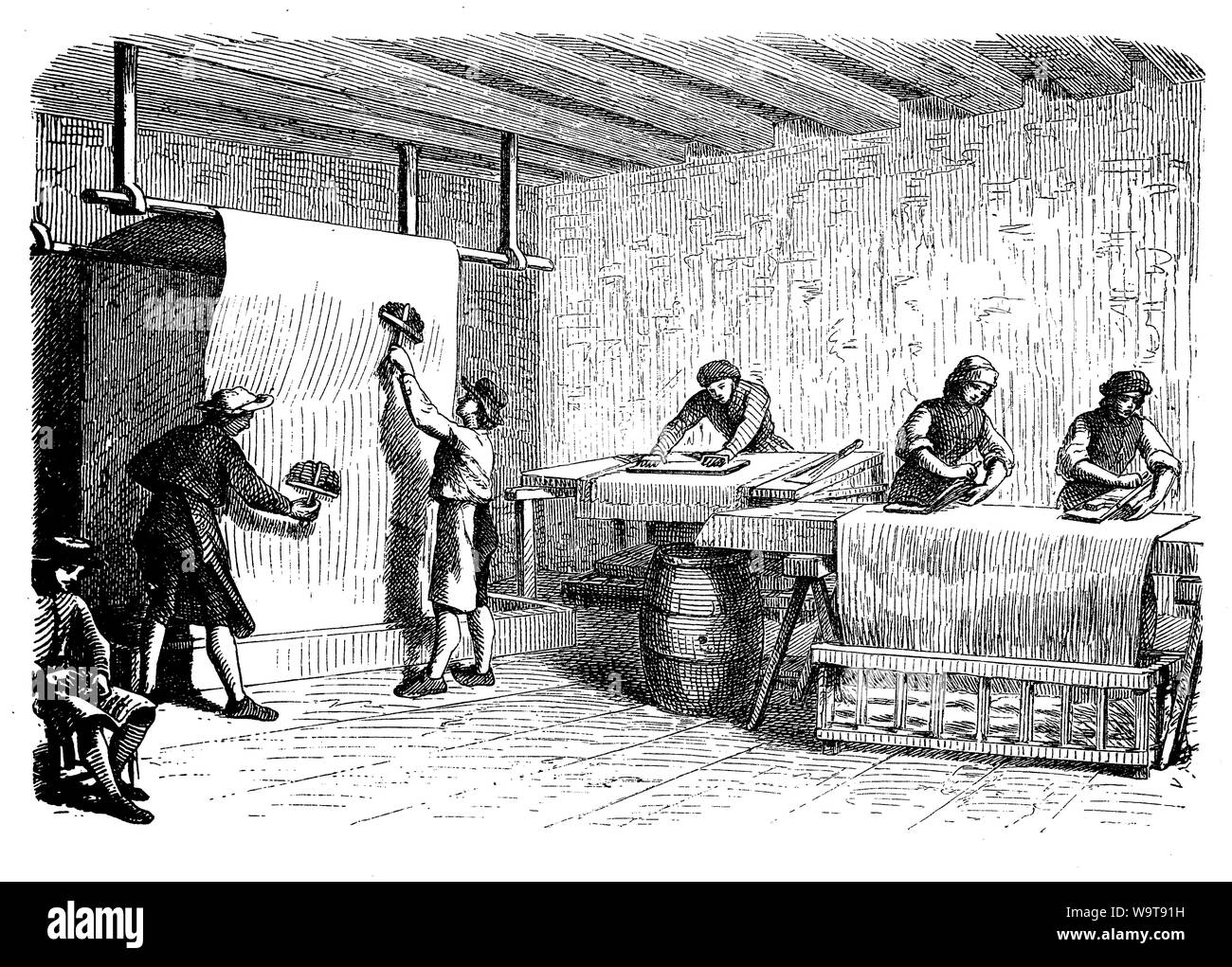 L'industrie des vêtements de la Renaissance : atelier du 16ème siècle avec des solutions sur mesure et de travailleurs produisant lin, coton et chanvre vêtements Banque D'Images