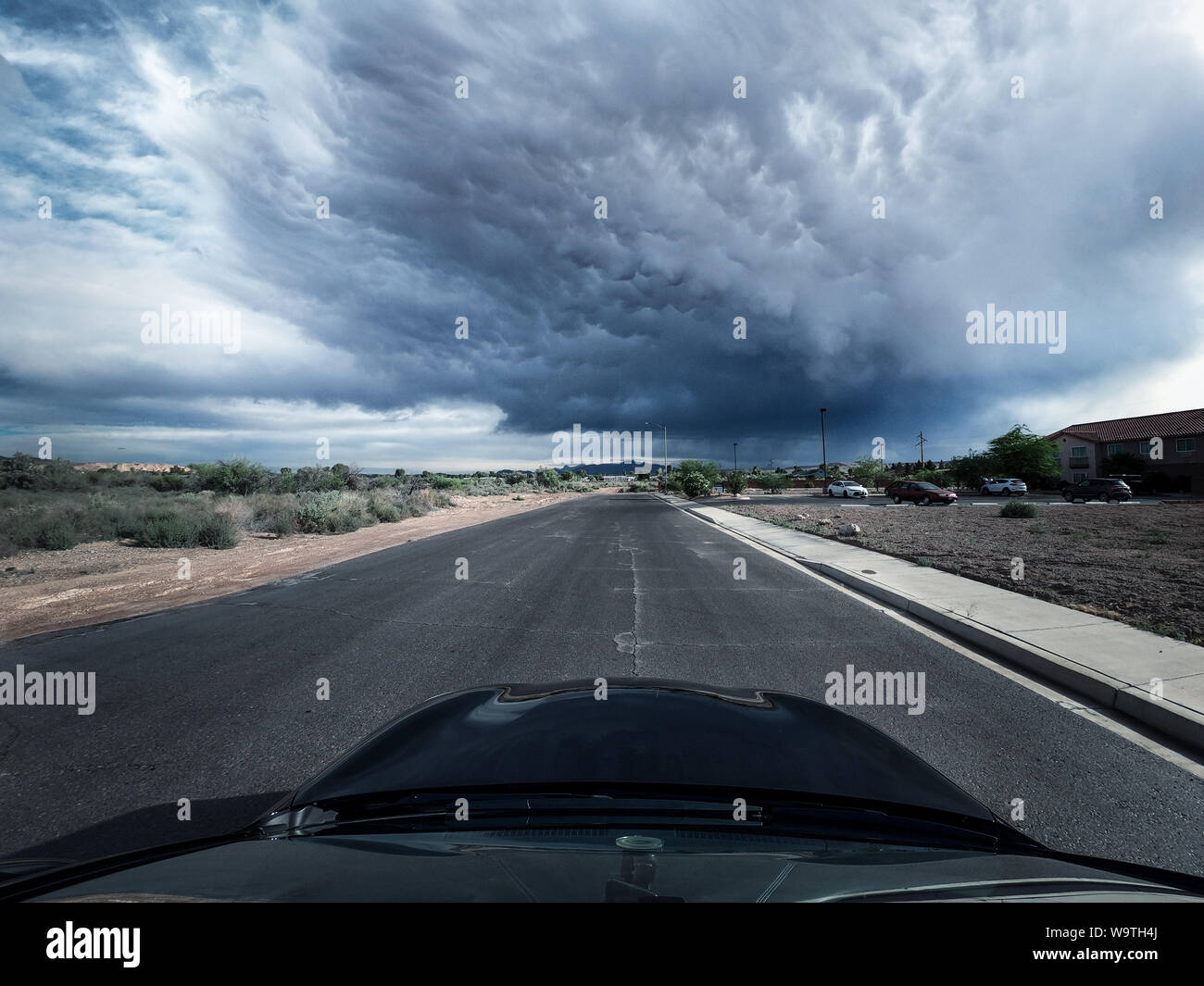 Voiture roulant le long d'une route avec une tempête qui approche, Moapa valley, Nevada, United States Banque D'Images