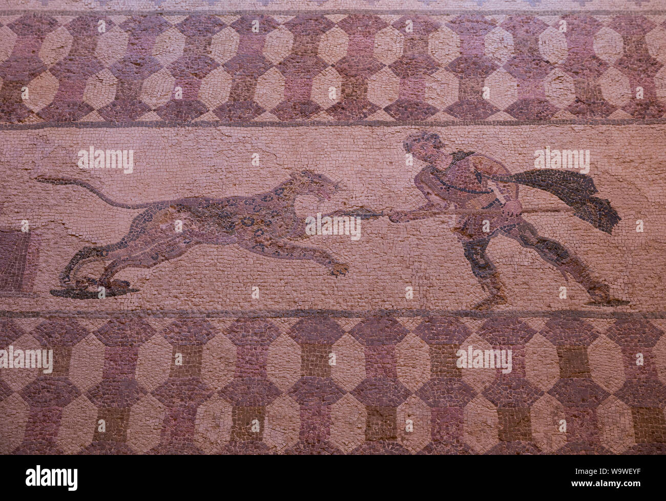Hunter et leopard mosaïque de la Maison de Dionysos, Parc archéologique de Paphos, Kato Pafos, Chypre Banque D'Images
