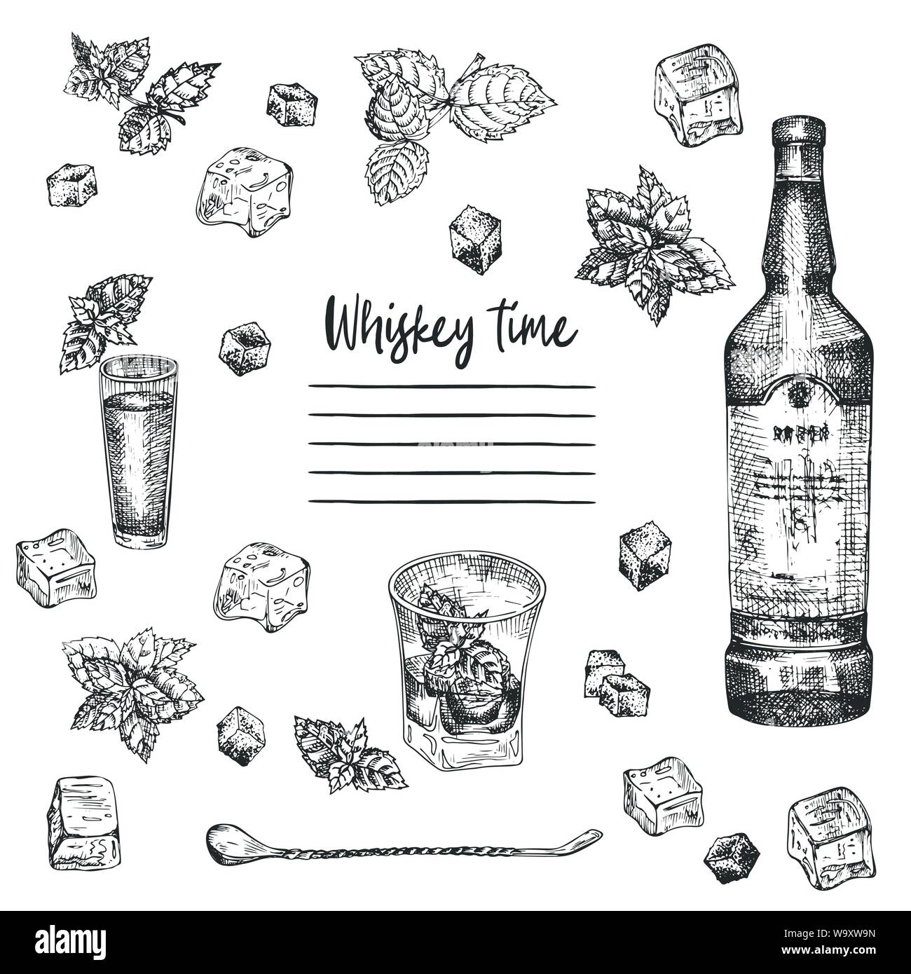 Vintage design croquis à main bar, restaurant, café menu sur fond blanc. Vecteur graphique art. Iwhiskey avec de la glace et de menthe pour modèle créatif Illustration de Vecteur