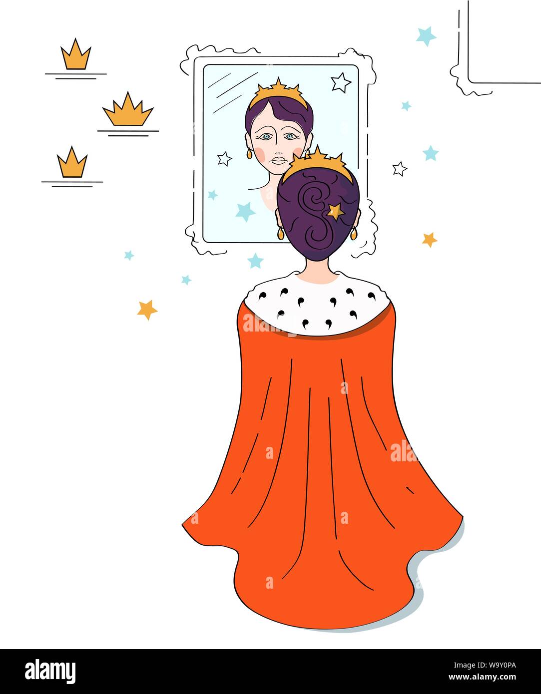 Triste princesse, reine du Golden Crown et manteau rouge regarde le reflet dans un miroir, insatisfait avec succès. Illustration vectorielle, cartoon style. Illustration de Vecteur