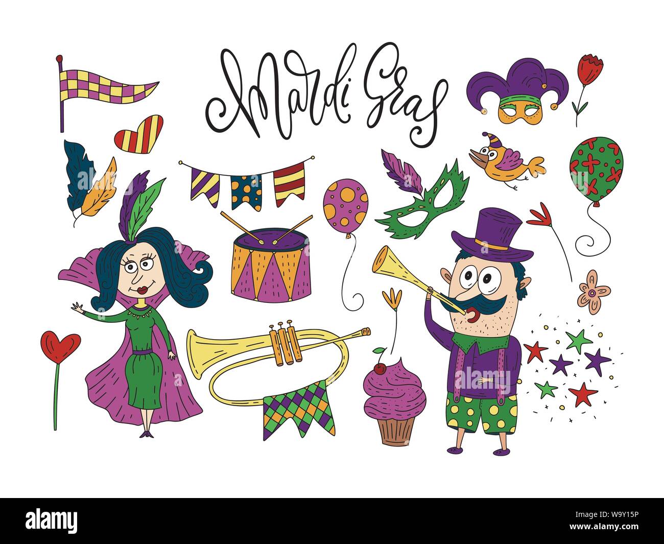 Carte De Carnaval Avec Doodle Charaster Illustrations Masquerade Symboles Et Lettres Citation Grand Jeu D Icones Image Vectorielle Stock Alamy