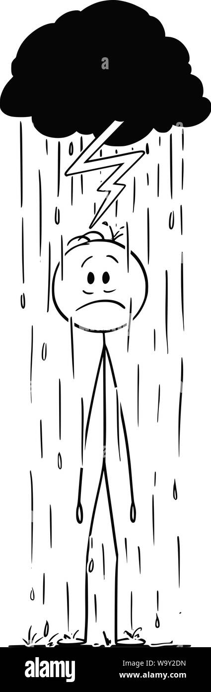 Vector cartoon stick figure dessin illustration conceptuelle de l'homme ou homme frustré permanent dans la pluie sous petit nuage d'orage, la foudre frappant avec lui. Illustration de Vecteur
