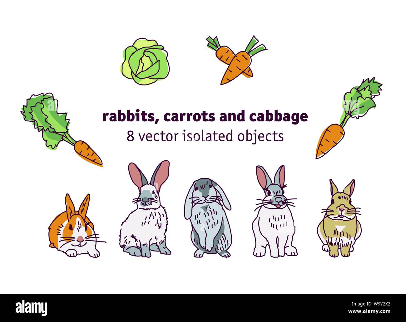 Les lapins les carottes et les choux d'isoler des objets. Vector illustration couleur EPS8 Illustration de Vecteur
