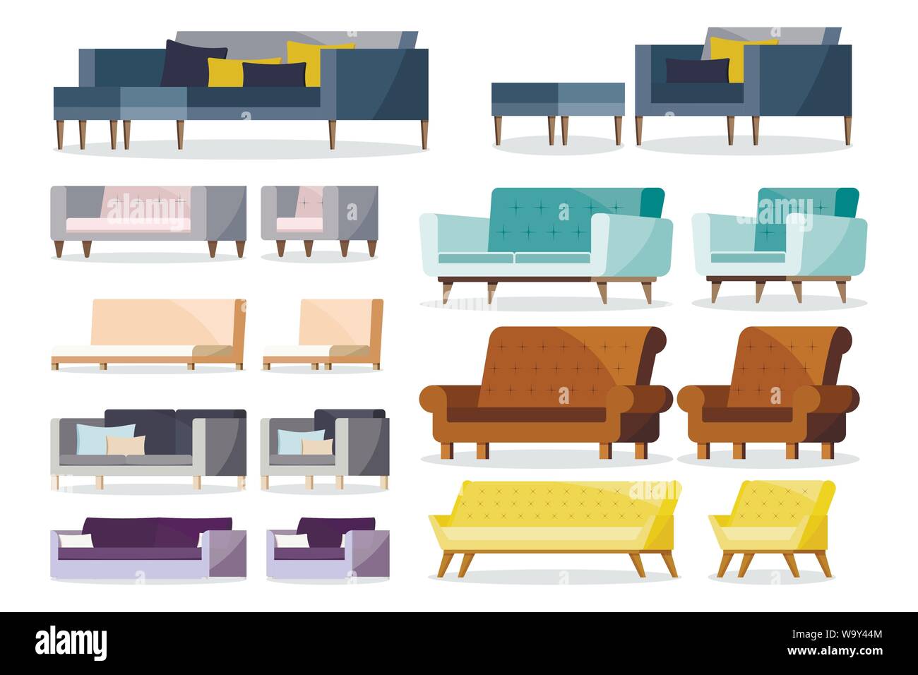 Forme différente couleur soft et canapé en cuir et de fauteuils avec coussin icon set. Illustration de Vecteur