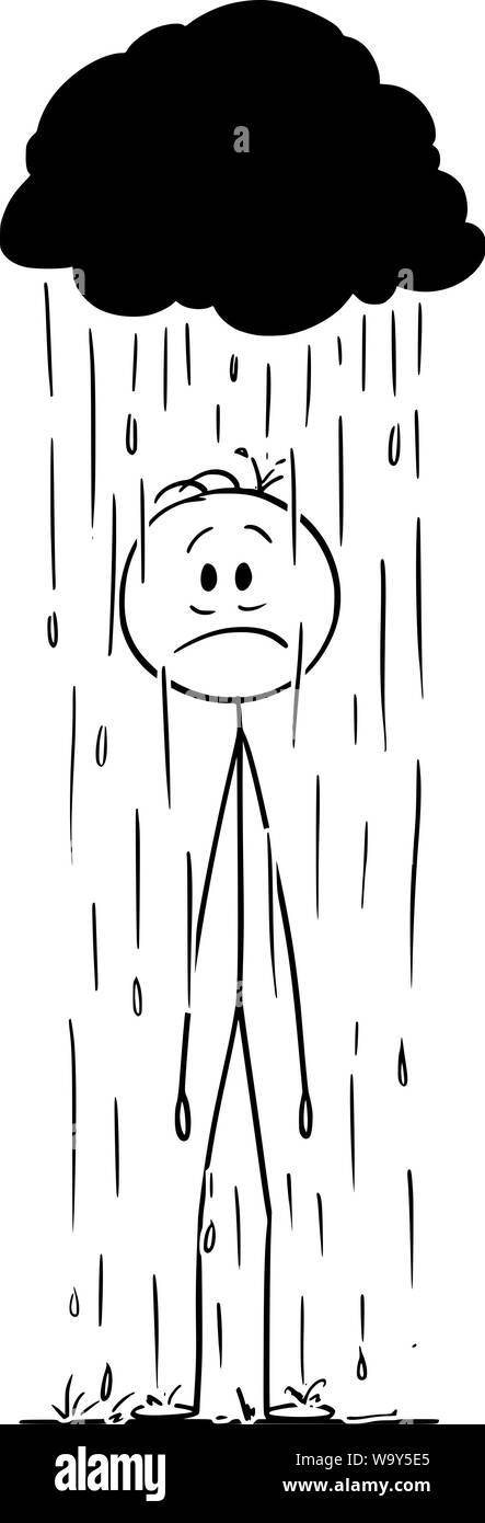 Vector cartoon stick figure dessin illustration conceptuelle de l'homme ou homme frustré permanent dans la pluie sous petit nuage d'orage. Illustration de Vecteur