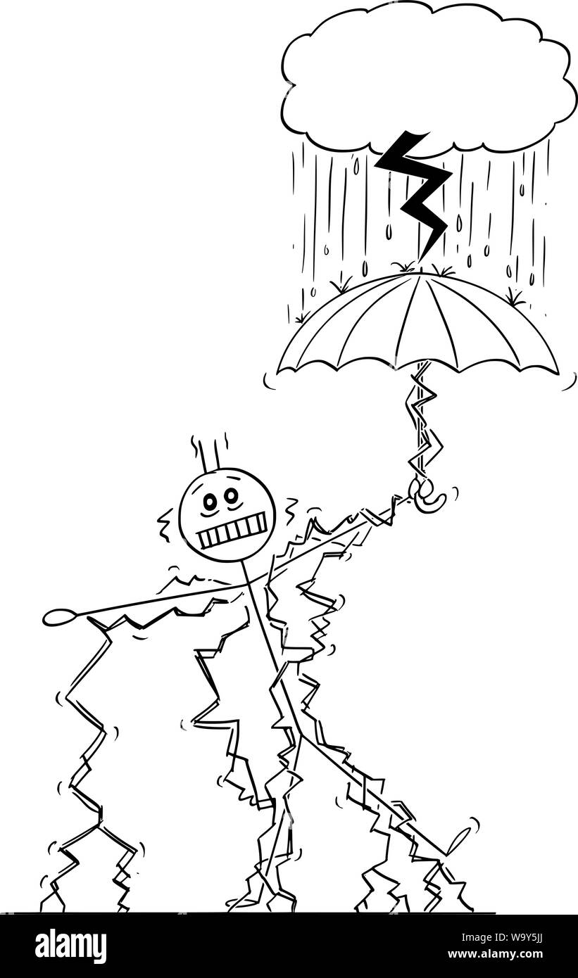 Vector cartoon stick figure dessin illustration conceptuelle de l'homme ou homme frappé par la foudre, quand debout en toute sécurité sous la pluie parapluie sous petit nuage d'orage. Illustration de Vecteur