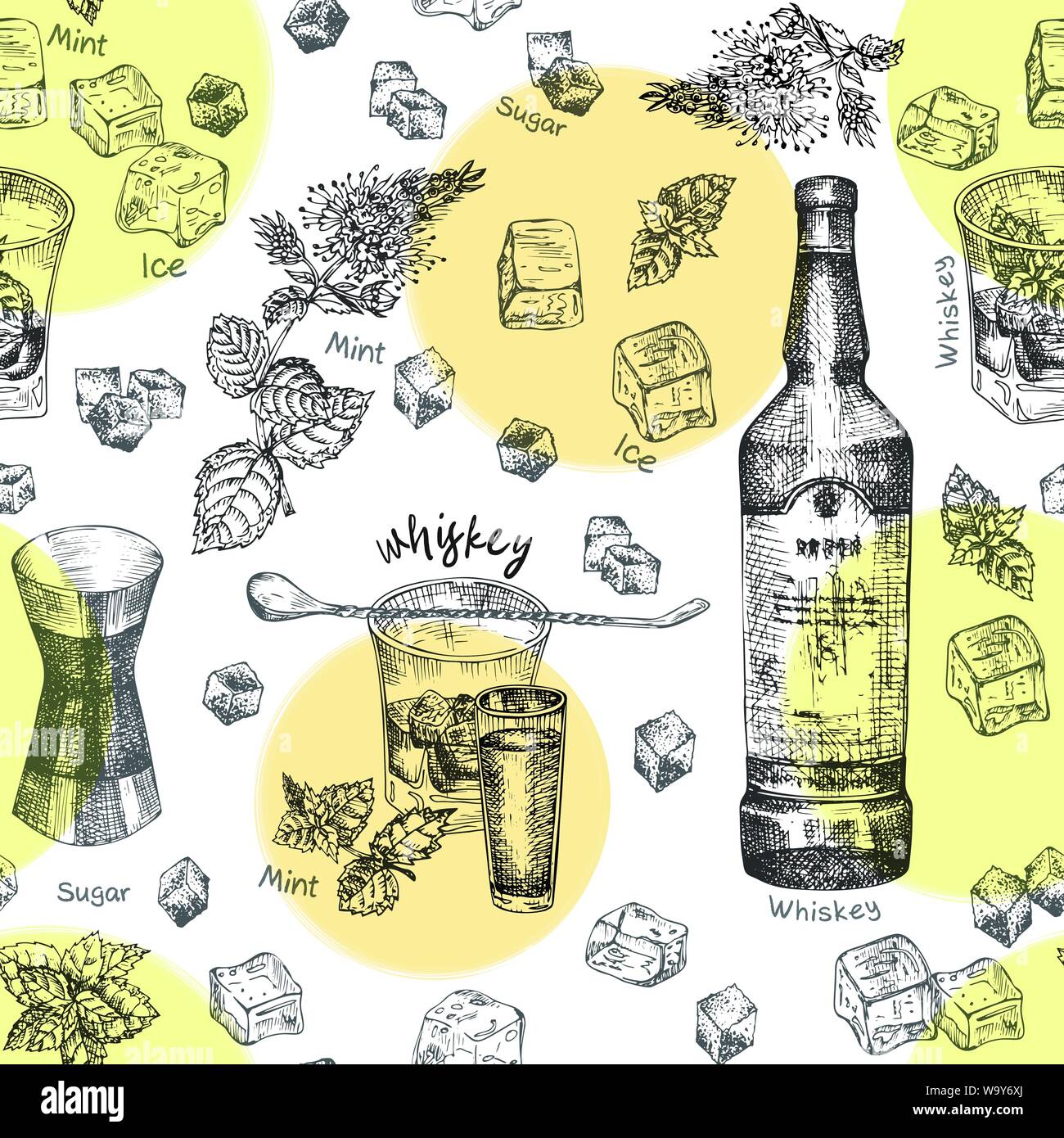 Motif transparent Vintage part croquis design bar, restaurant, café, l'arrière-plan du menu. Iwhiskey graphique vectoriel avec de la glace et la menthe Creative Illustration de Vecteur