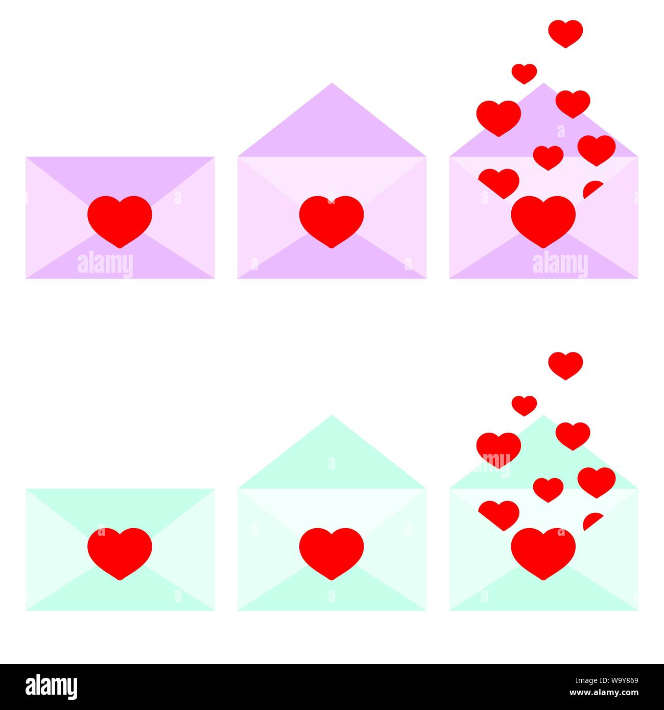 De l'icône vecteur romantique rose et bleu ouvert et fermé enveloppes mises. Illustration de Vecteur