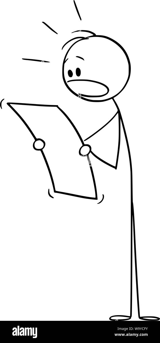 Vector cartoon stick figure dessin illustration conceptuelle de l'homme choqué ou businessman reading document. Illustration de Vecteur