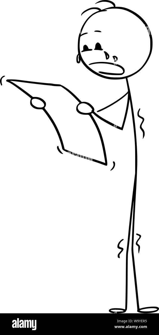 Vector cartoon stick figure dessin illustration conceptuelle de l'homme triste à pleurer ou businessman reading document ou lettre. Illustration de Vecteur