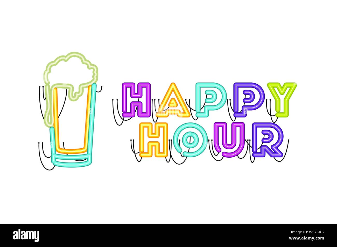 Happy hour label dans l'icône de lampe au néon Illustration de Vecteur