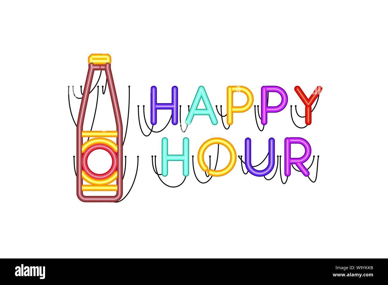 Happy hour label dans l'icône de lampe au néon Illustration de Vecteur