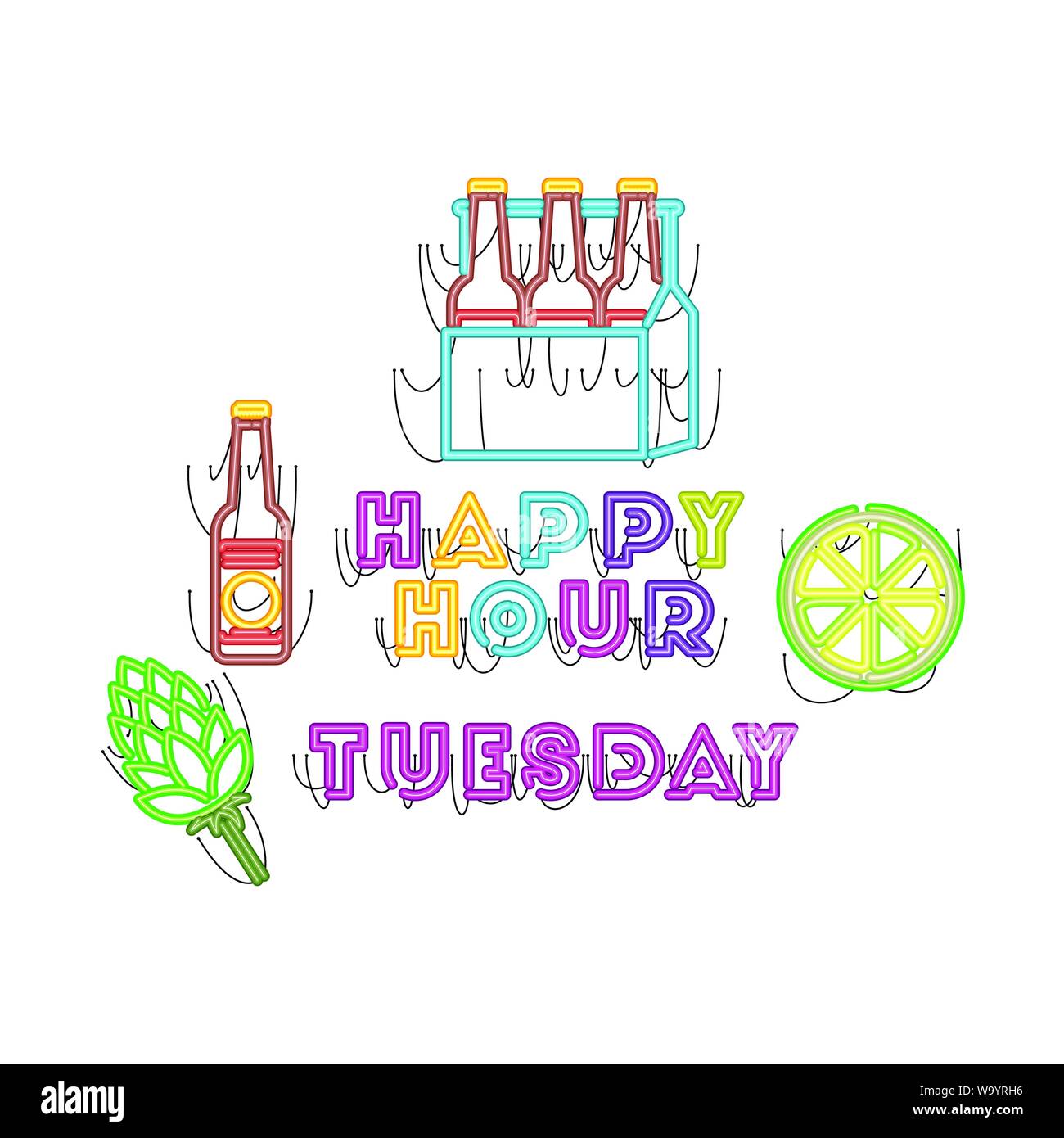 Happy hour le mardi dans l'étiquette neon light icon Illustration de Vecteur