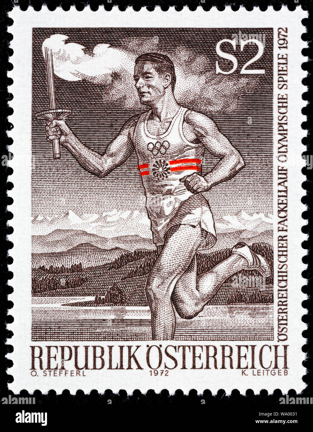 Relais de la flamme olympique, Jeux Olympiques, timbre-poste, l'Autriche, 1972 Banque D'Images