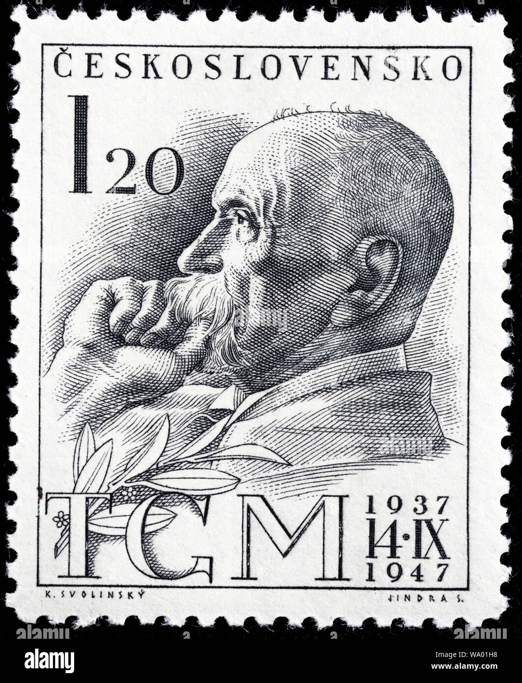 Tomash Garrigue Masaryk, Thomas Masaryk, premier président de la Tchécoslovaquie (1918-1935), timbre-poste, la Tchécoslovaquie, 1947 Banque D'Images