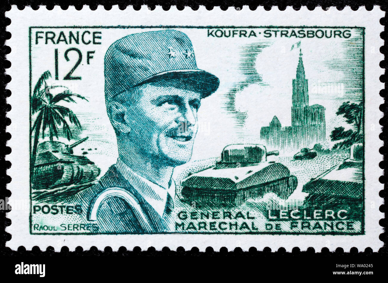 Le général Leclerc, Maréchal de France, Koufra, Strasbourg, timbre-poste, France, 1954 Banque D'Images