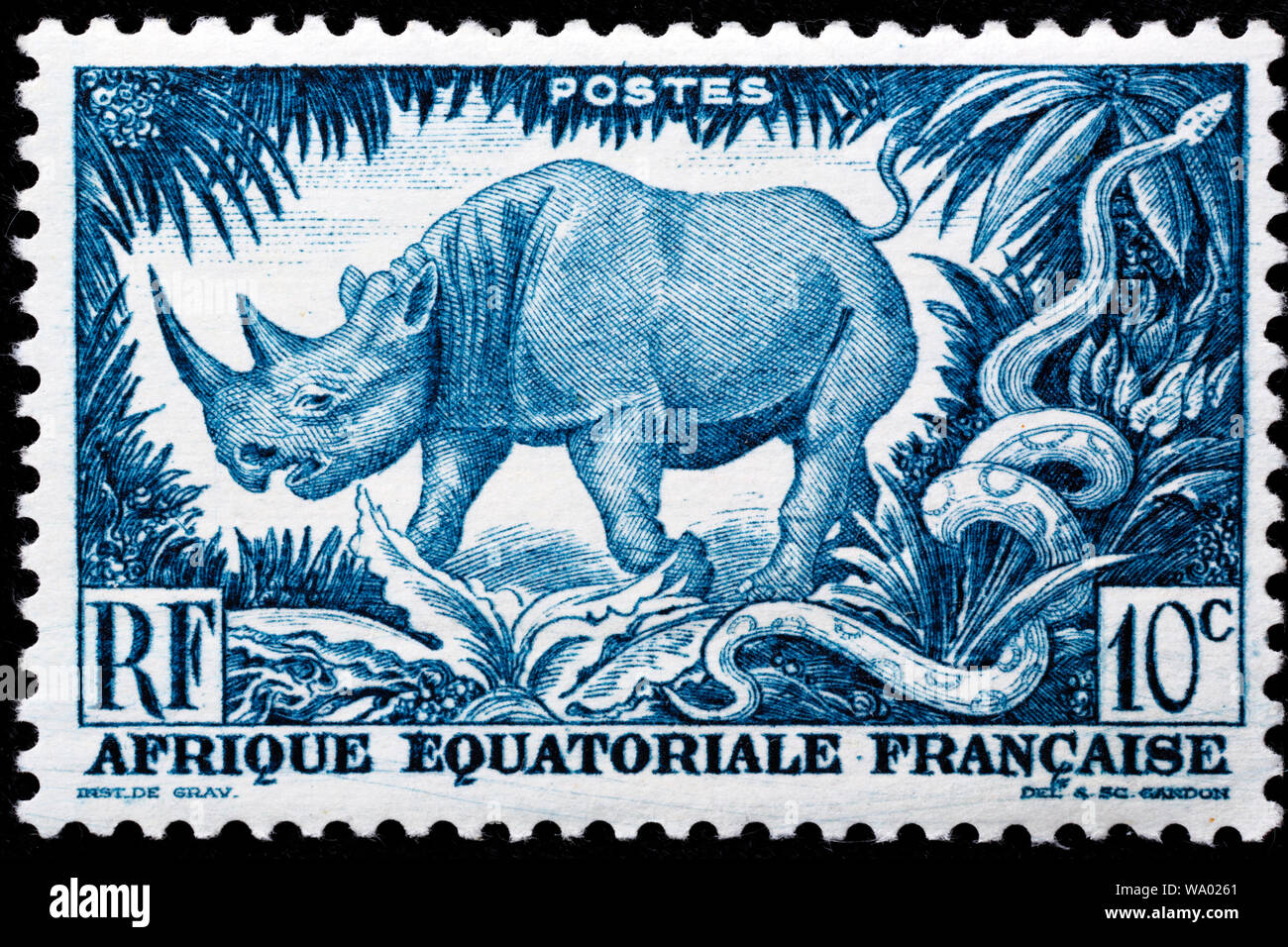 Rhinocéros noir Diceros bicornis, africaine, rock python, Python sebae, timbre-poste, Afrique équatoriale française, 1947 Banque D'Images