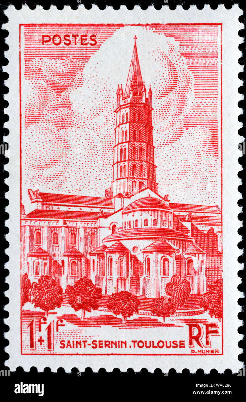 Cathédrale de Saint Sernin, Toulouse, timbre-poste, France, 1947 Banque D'Images