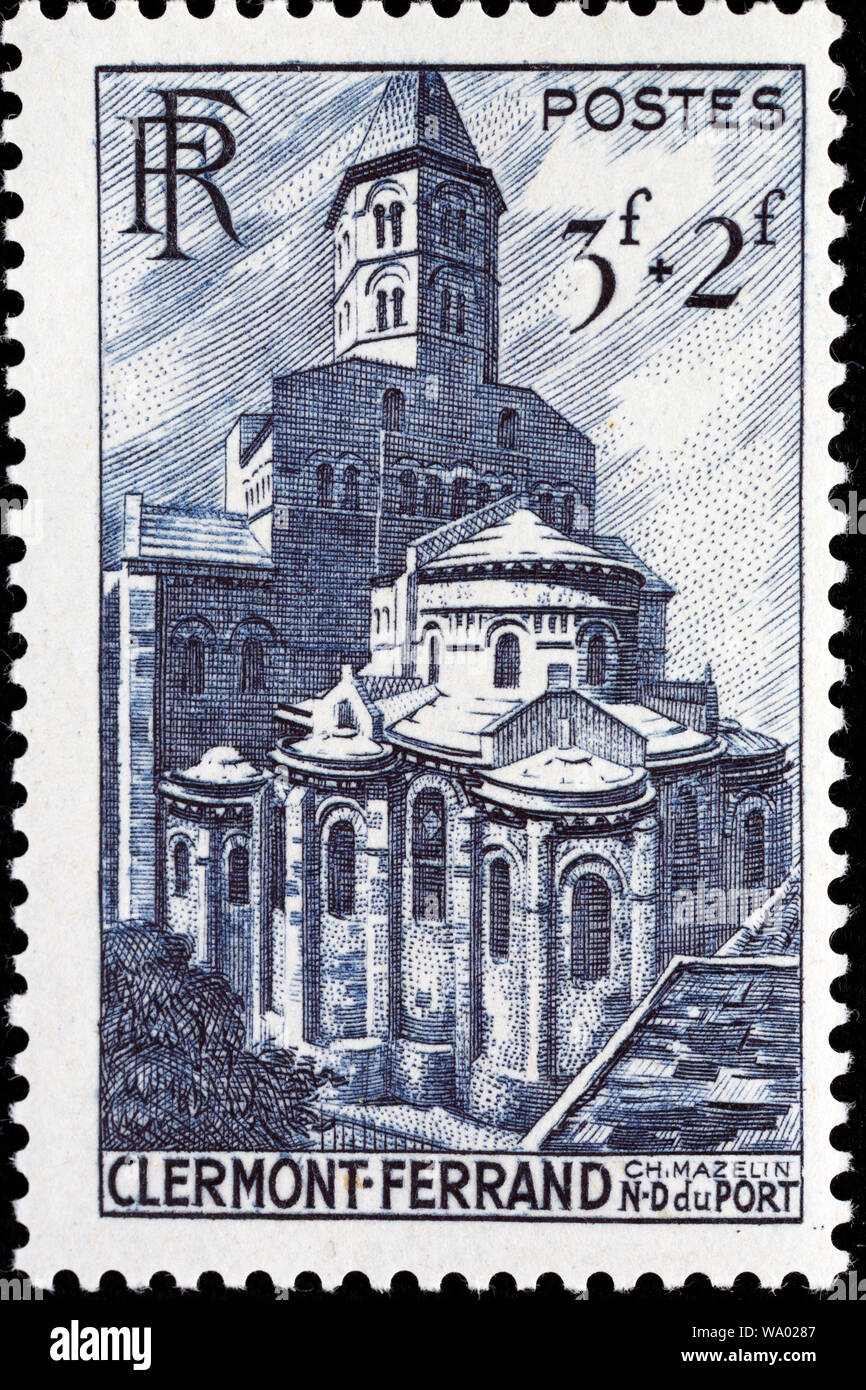 Basilique Notre-Dame du Port, Clermont Ferrand, timbre-poste, France, 1947 Banque D'Images