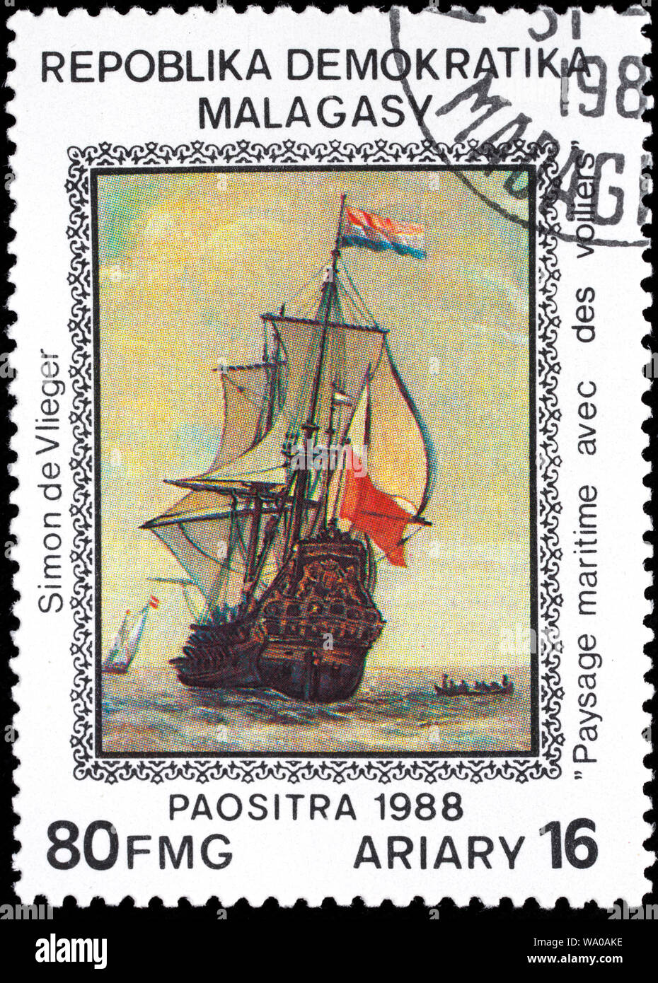 Le cuirassé français, timbre-poste, Madagaskar, malgaches, 1988 Banque D'Images