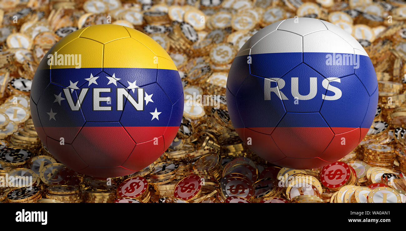 Venezuela vs Russie Match de football - ballons de soccer au Venezuela et la Russie couleurs nationales sur un lit de dollar en or des pièces de monnaie. Le Rendu 3D Banque D'Images