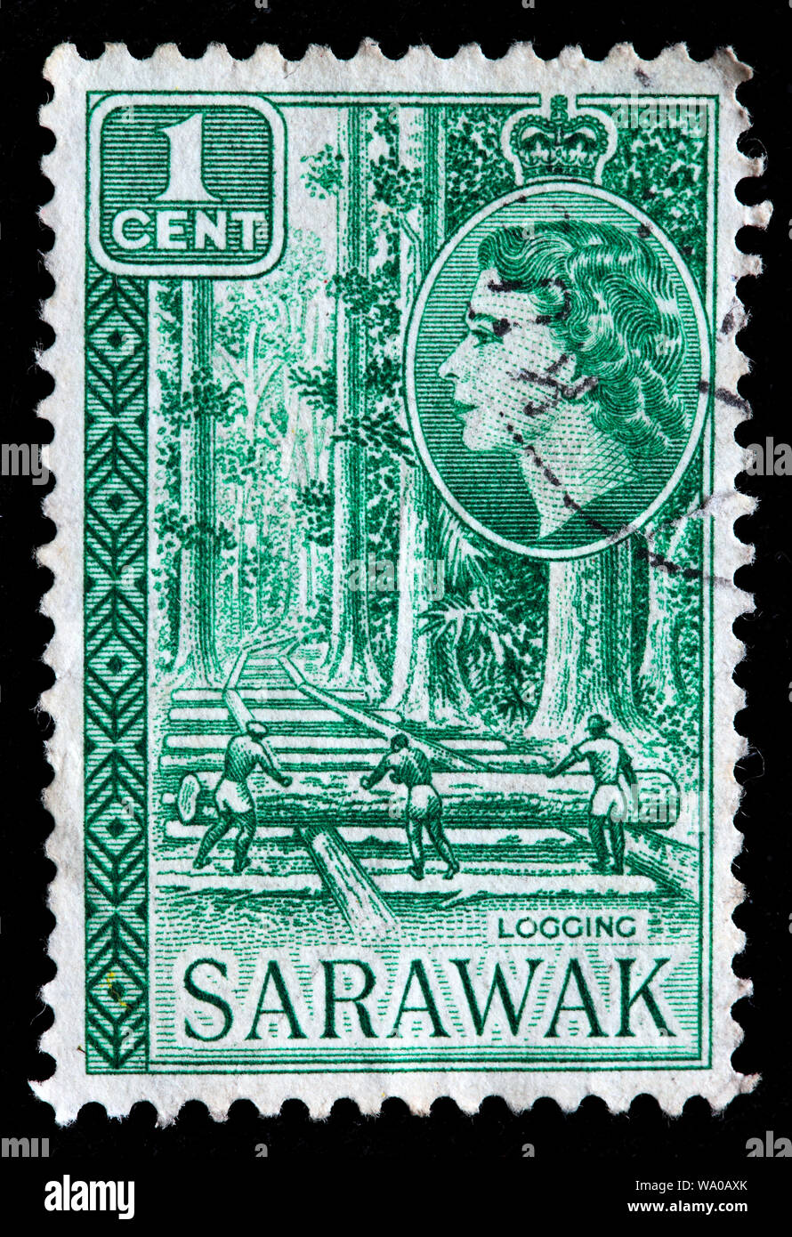 L'exploitation forestière, timbre-poste, Sarawak, 1957 Banque D'Images