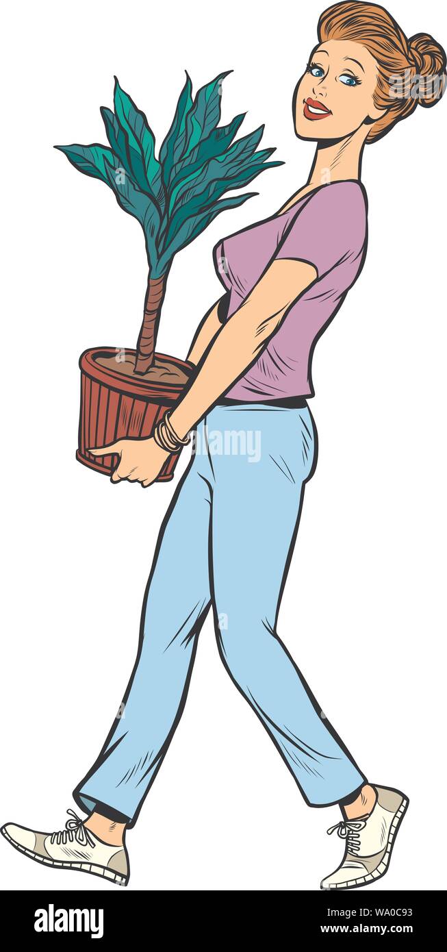 Une femme porte un pot avec une plante en pot Illustration de Vecteur