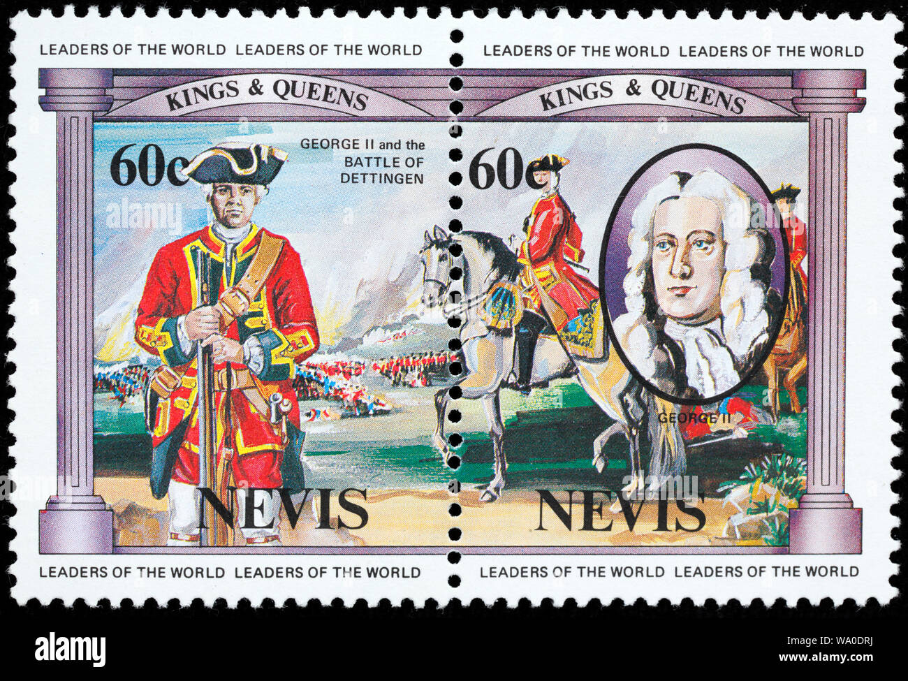 Bataille de Dettingen, Le Roi George II, timbre-poste, Nevis, 1984 Banque D'Images