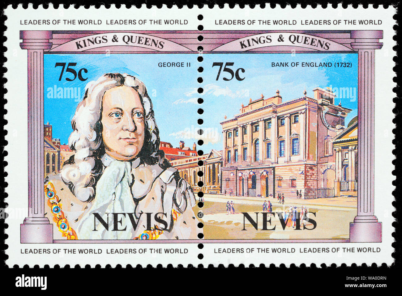 Banque d'Angleterre (1732), le Roi George II, timbre-poste, Nevis, 1984 Banque D'Images