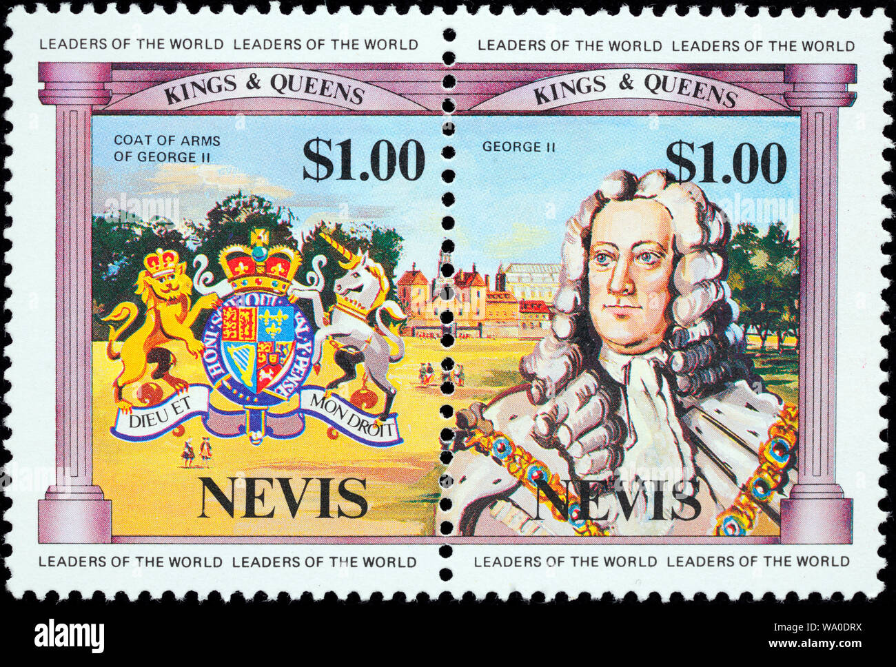 Blason, Le Roi George II, timbre-poste, Nevis, 1984 Banque D'Images
